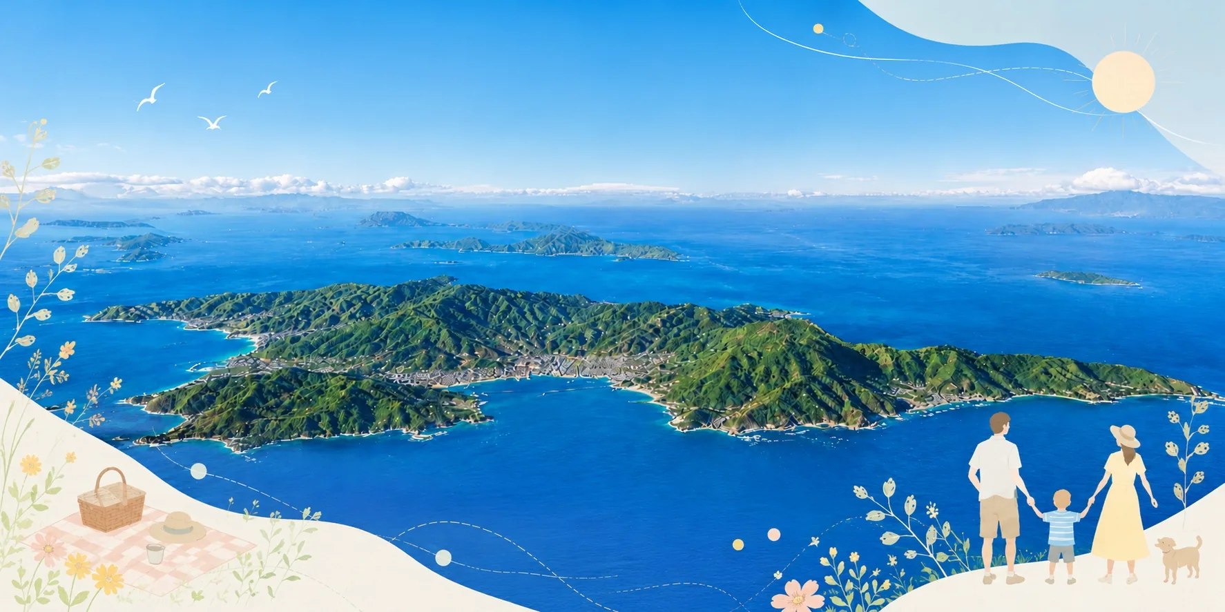 家族で中島を見下ろす展望からの瀬戸内海の風景